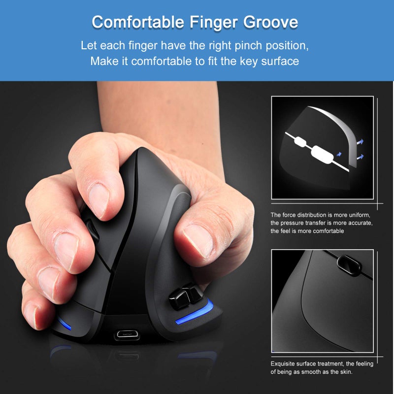 TRELC Ergonomic Mouse, 2.4G Wireless Vertical Optical Mouse with Adjustable Sensitivity (1000/1600/2400 DPI), 6 Buttons for PC, Desktop, Laptop, Notebook (Black) - Image 4